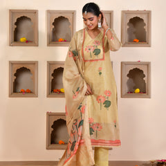 (Vaasva) Women pink  chanderi kurta with cotton pant & dupatta (Set of 5pc)