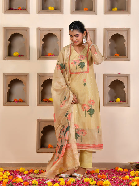(Vaasva) Women pink  chanderi kurta with cotton pant & dupatta (Set of 5pc)