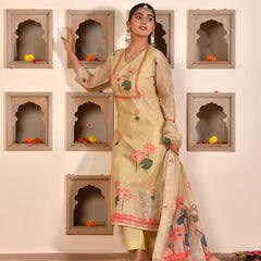(Vaasva) Women pink  chanderi kurta with cotton pant & dupatta (Set of 5pc)
