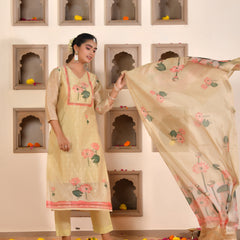 (Vaasva) Women pink  chanderi kurta with cotton pant & dupatta (Set of 5pc)