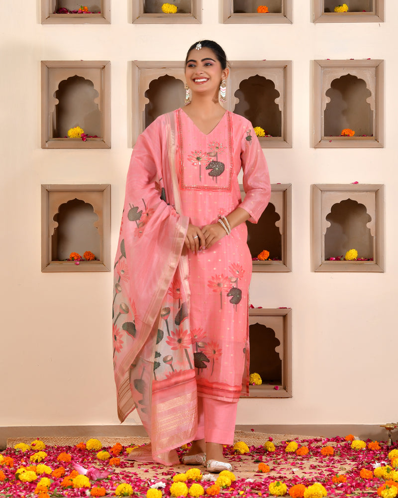 (Vaasva) Women purple chanderi kurta with cotton pant & dupatta (Set of 5pc)