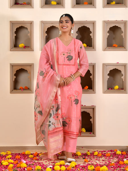 (Vaasva) Women purple chanderi kurta with cotton pant & dupatta (Set of 5pc)
