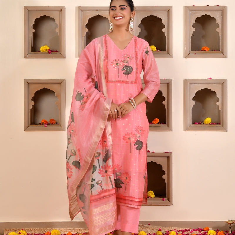 (Vaasva) Women purple chanderi kurta with cotton pant & dupatta (Set of 5pc)