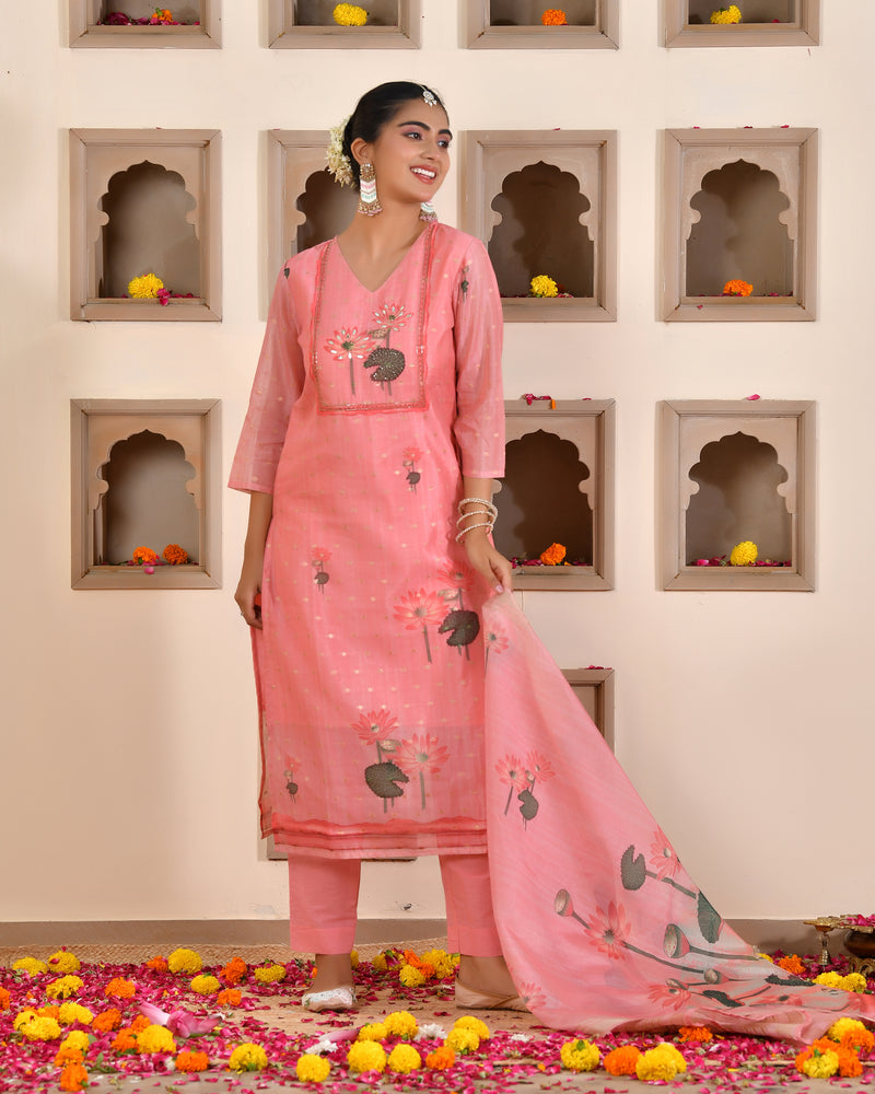 (Vaasva) Women purple chanderi kurta with cotton pant & dupatta (Set of 5pc)
