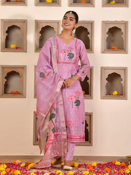 (Vaasva) Women purple chanderi kurta with cotton pant & dupatta (Set of 5pc)