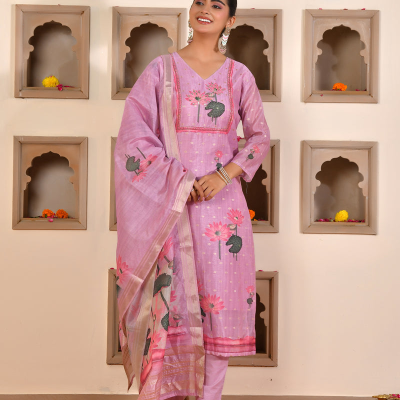 (Vaasva) Women purple chanderi kurta with cotton pant & dupatta (Set of 5pc)