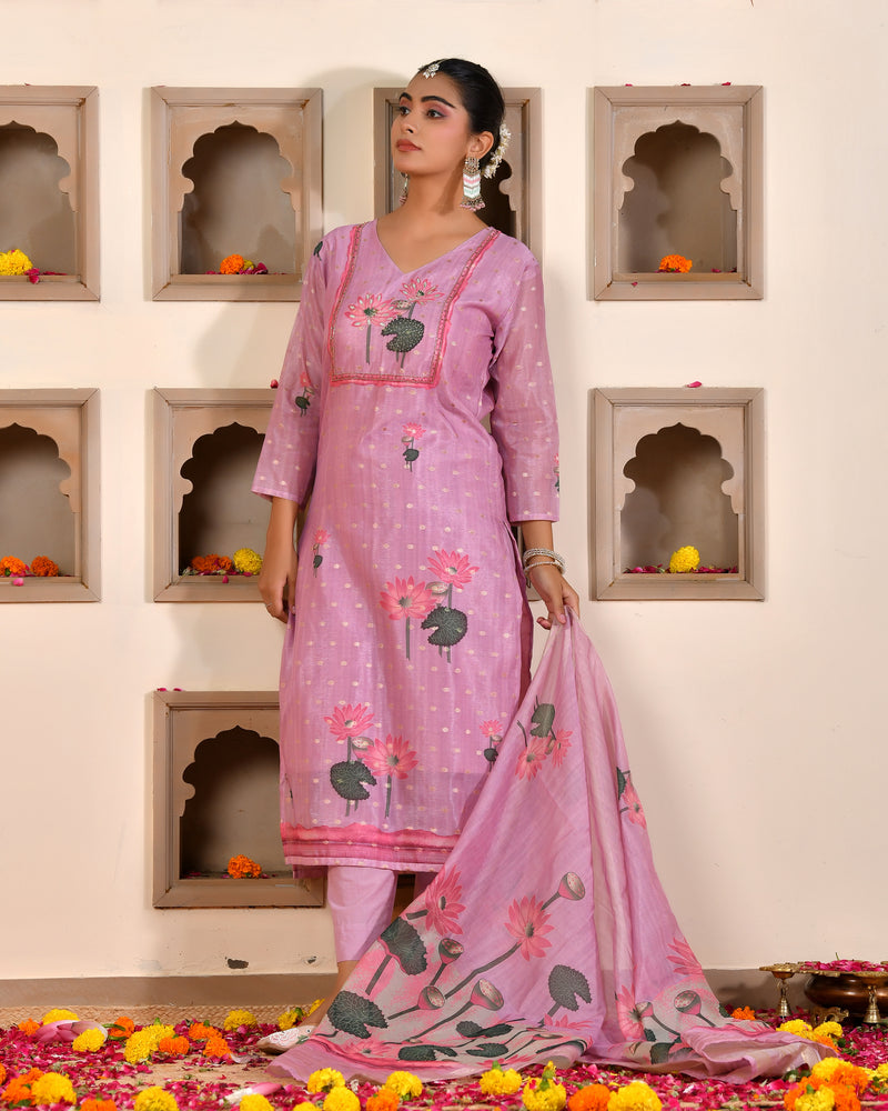 (Vaasva) Women purple chanderi kurta with cotton pant & dupatta (Set of 5pc)