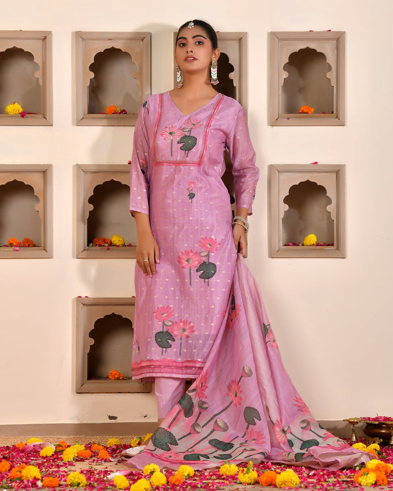 (Vaasva) Women purple chanderi kurta with cotton pant & dupatta (Set of 5pc)