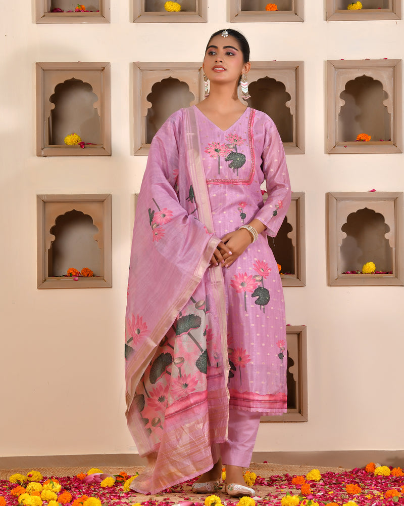 (Vaasva) Women purple chanderi kurta with cotton pant & dupatta (Set of 5pc)