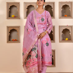 (Vaasva) Women purple chanderi kurta with cotton pant & dupatta (Set of 5pc)