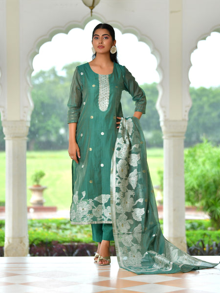 (Vaasva) Women green jamdani kurta with cotton pant & dupatta (Set of 5pc)