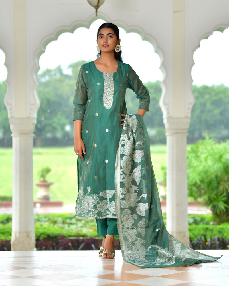 (Vaasva) Women green jamdani kurta with cotton pant & dupatta (Set of 5pc)