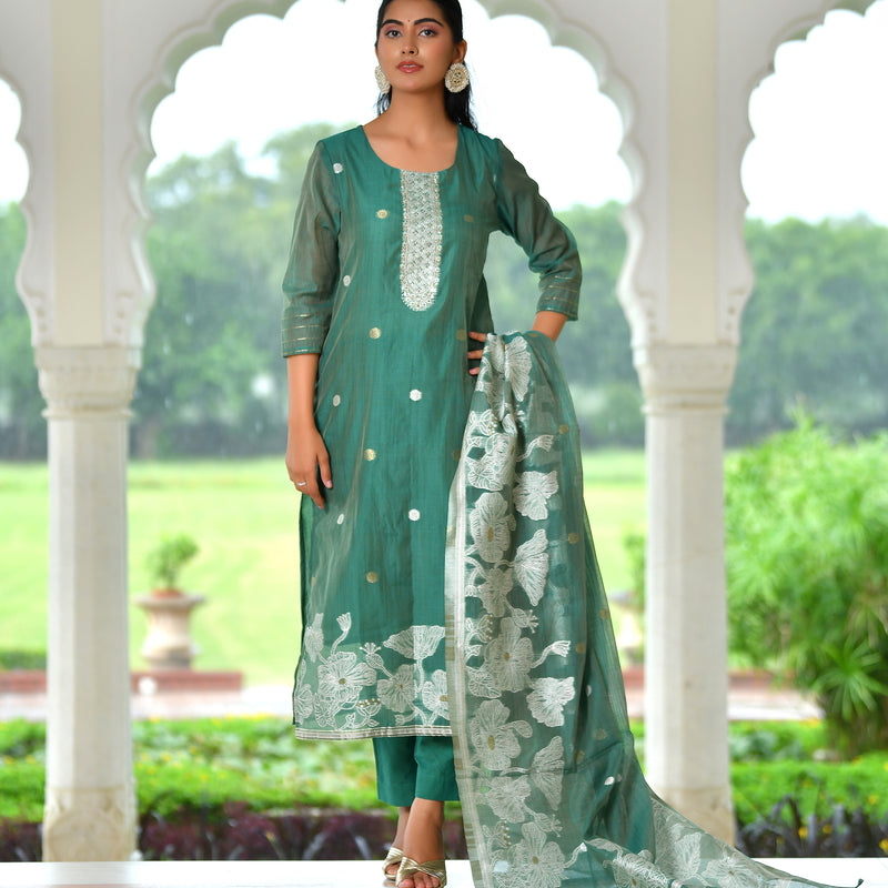 (Vaasva) Women green jamdani kurta with cotton pant & dupatta (Set of 5pc)