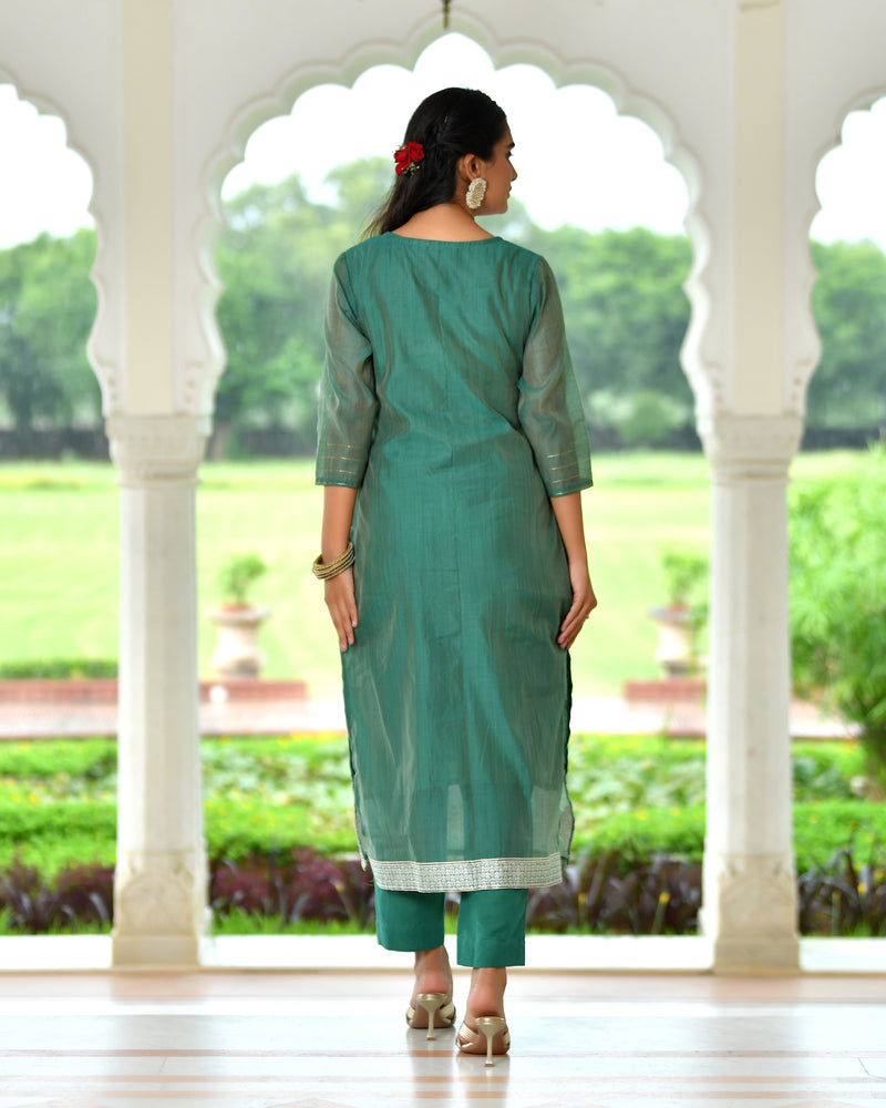 (Vaasva) Women green jamdani kurta with cotton pant & dupatta (Set of 5pc)