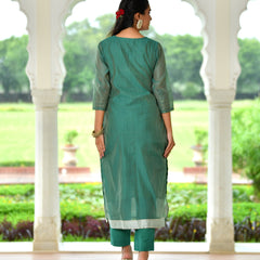 (Vaasva) Women green jamdani kurta with cotton pant & dupatta (Set of 5pc)