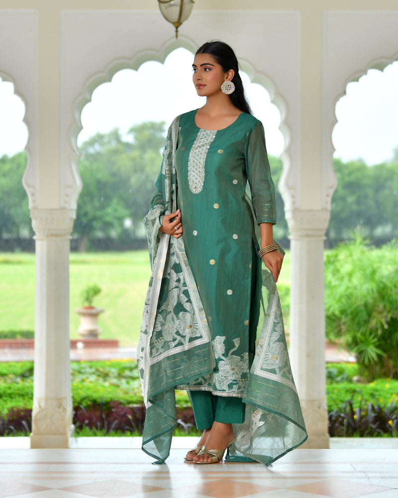 (Vaasva) Women green jamdani kurta with cotton pant & dupatta (Set of 5pc)