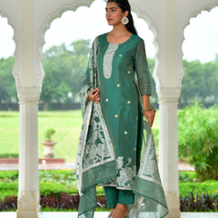 (Vaasva) Women green jamdani kurta with cotton pant & dupatta (Set of 5pc)
