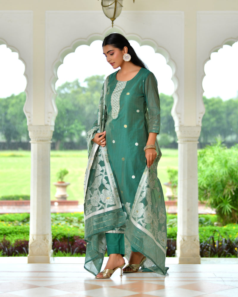 (Vaasva) Women green jamdani kurta with cotton pant & dupatta (Set of 5pc)
