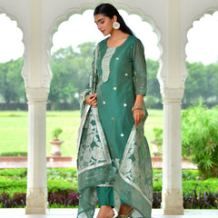 (Vaasva) Women green jamdani kurta with cotton pant & dupatta (Set of 5pc)