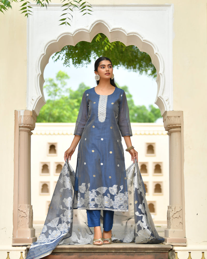 (Vaasva) Women blue jamdani kurta with cotton pant & dupatta (Set of 5pc)
