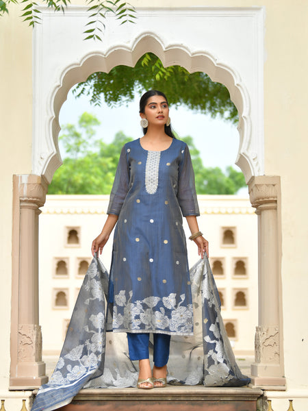 (Vaasva) Women blue jamdani kurta with cotton pant & dupatta (Set of 5pc)