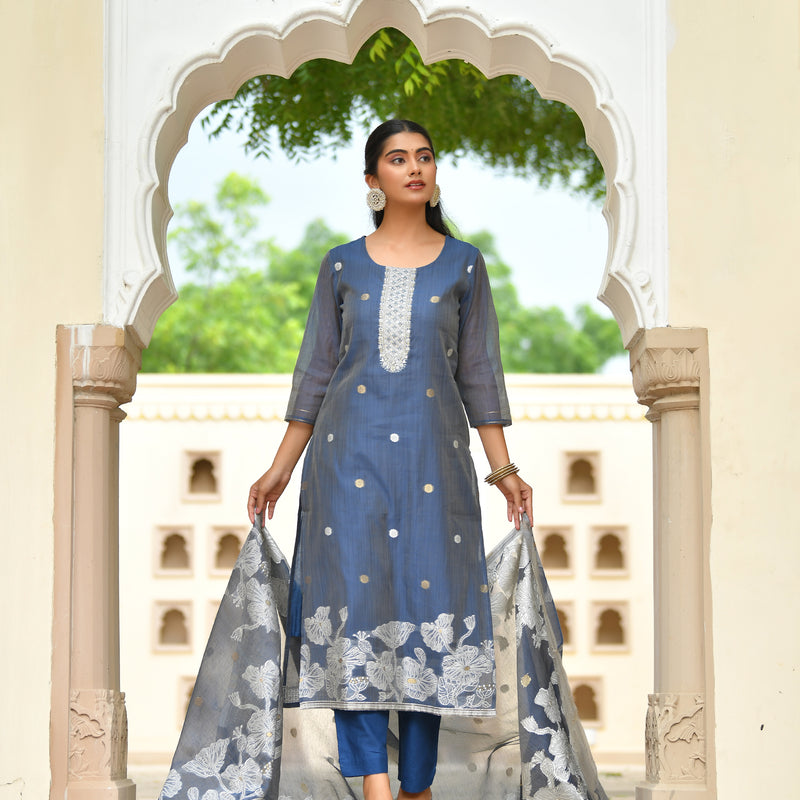 (Vaasva) Women blue jamdani kurta with cotton pant & dupatta (Set of 5pc)