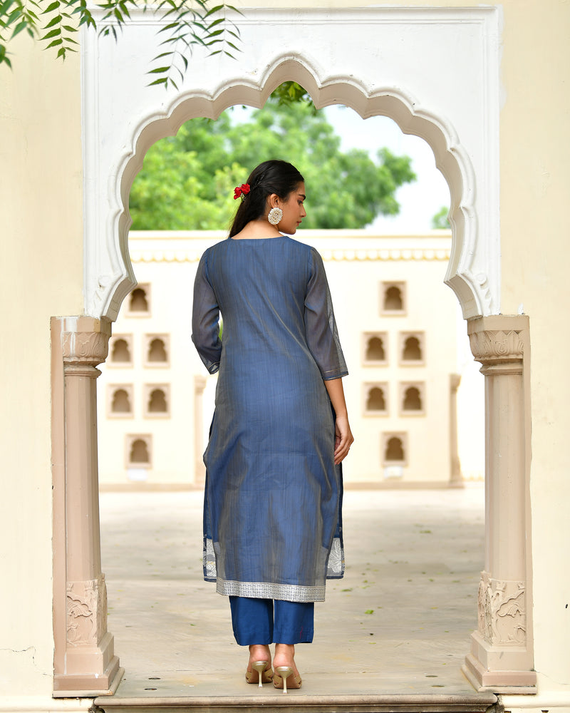 (Vaasva) Women blue jamdani kurta with cotton pant & dupatta (Set of 5pc)