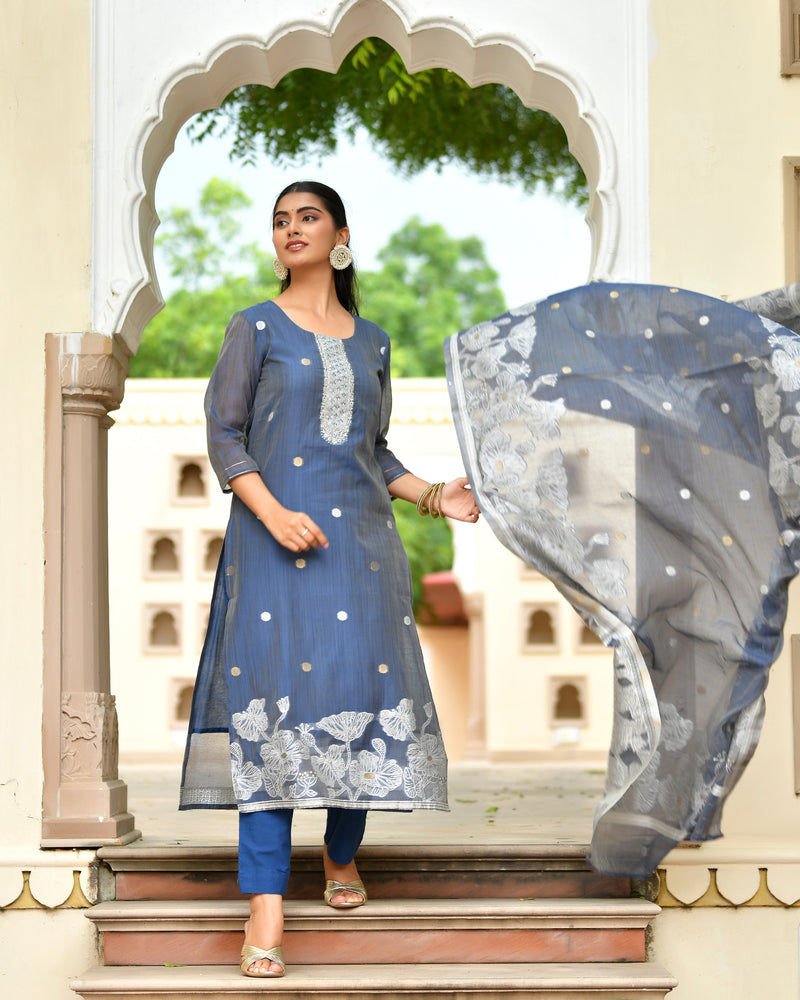 (Vaasva) Women blue jamdani kurta with cotton pant & dupatta (Set of 5pc)
