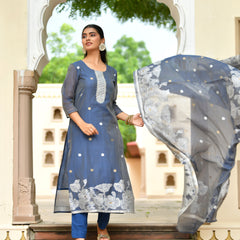 (Vaasva) Women blue jamdani kurta with cotton pant & dupatta (Set of 5pc)