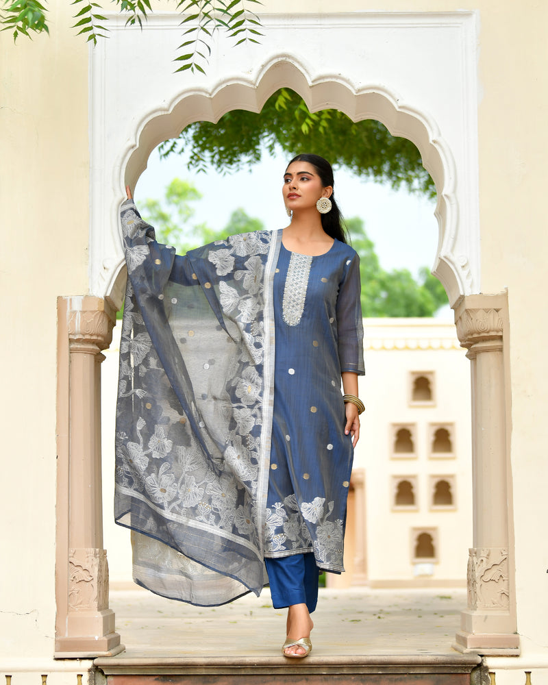 (Vaasva) Women blue jamdani kurta with cotton pant & dupatta (Set of 5pc)