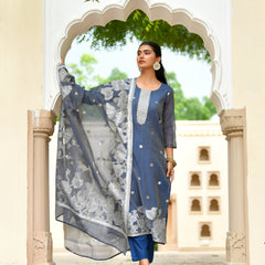 (Vaasva) Women blue jamdani kurta with cotton pant & dupatta (Set of 5pc)