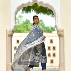 (Vaasva) Women blue jamdani kurta with cotton pant & dupatta (Set of 5pc)
