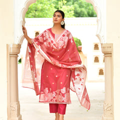 (Vaasva) Women Wine jamdani kurta with cotton pant & dupatta (Set of 5pc)
