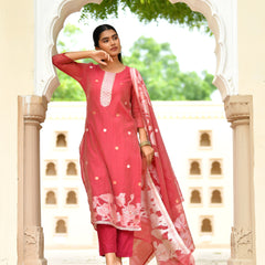 (Vaasva) Women Wine jamdani kurta with cotton pant & dupatta (Set of 5pc)