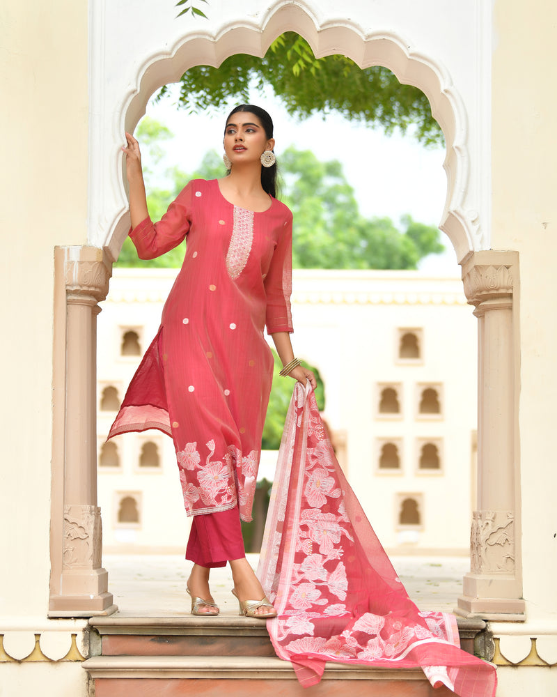 (Vaasva) Women Wine jamdani kurta with cotton pant & dupatta (Set of 5pc)