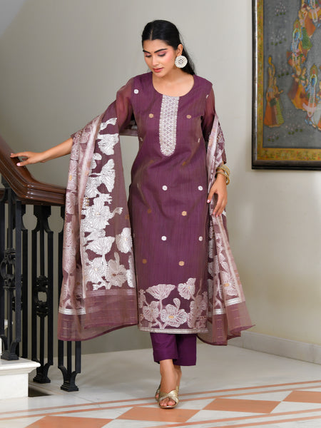 (Vaasva) Women Red jamdani kurta with cotton pant & dupatta (Set of 5pc)