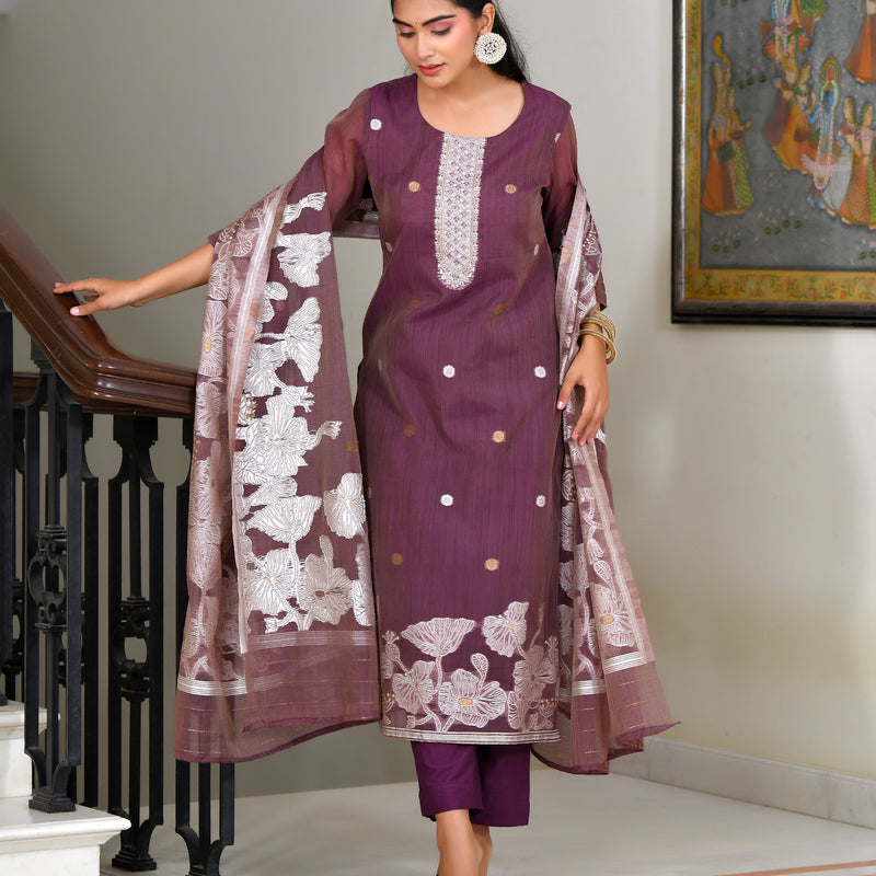 (Vaasva) Women Red jamdani kurta with cotton pant & dupatta (Set of 5pc)