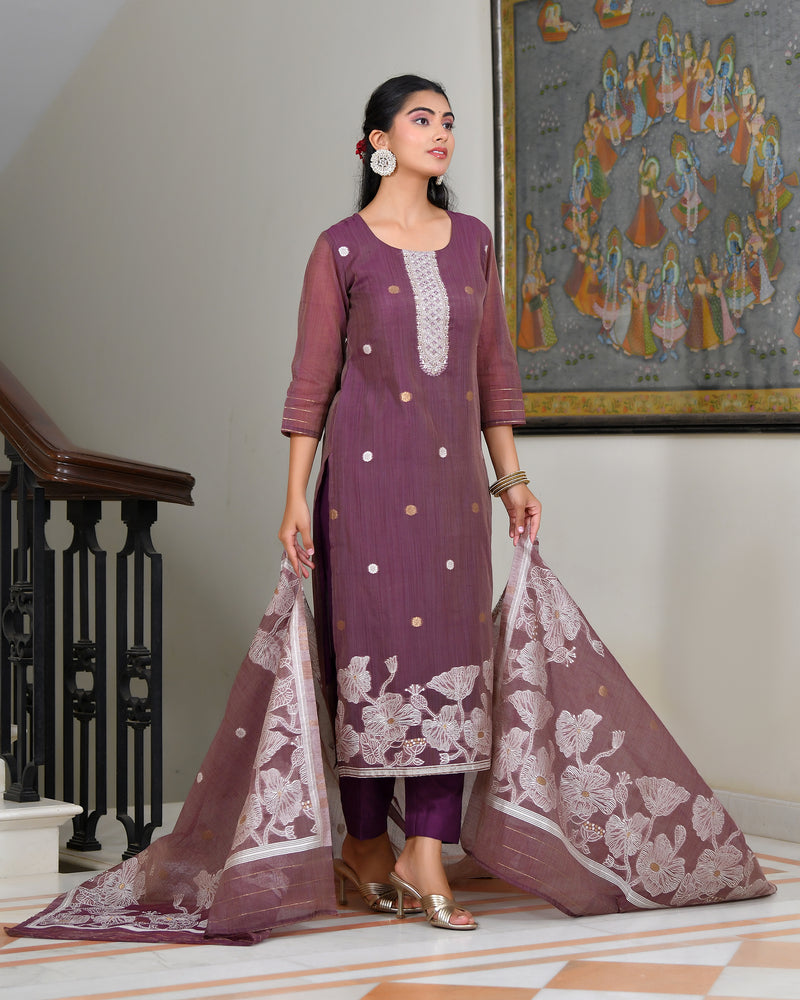 (Vaasva) Women Red jamdani kurta with cotton pant & dupatta (Set of 5pc)