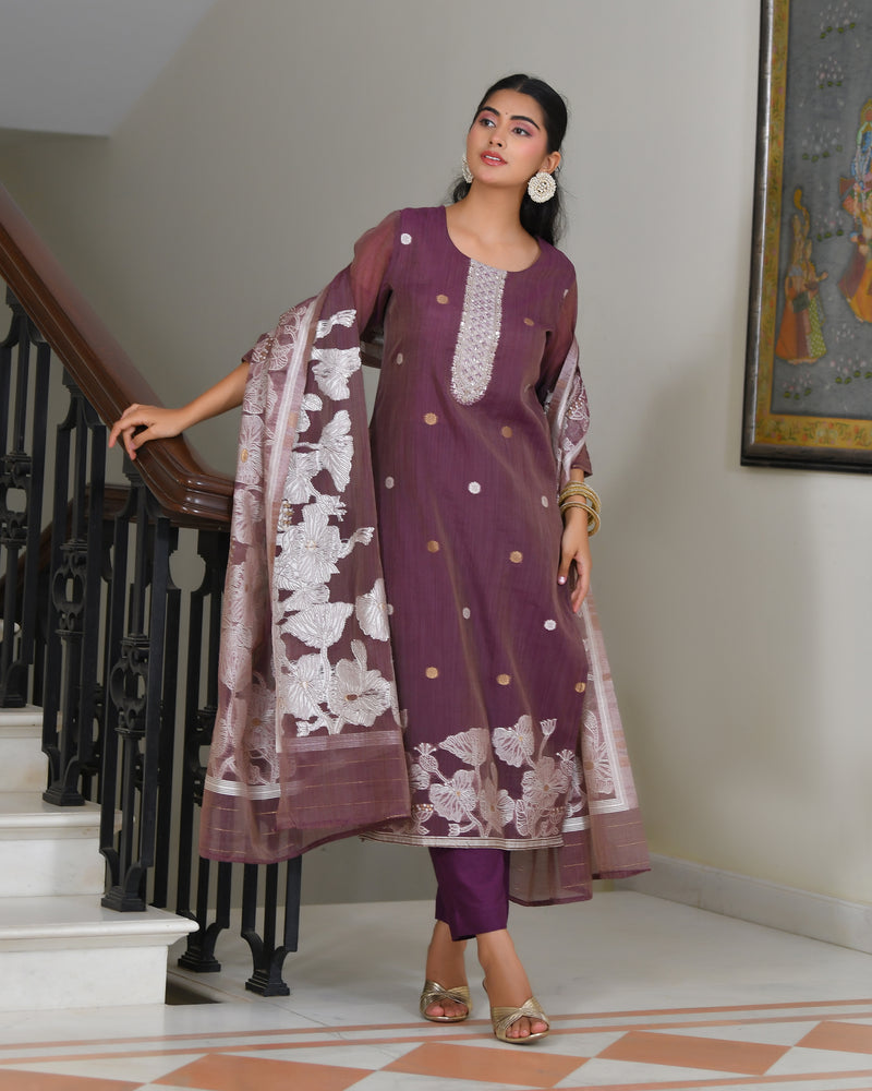 (Vaasva) Women Red jamdani kurta with cotton pant & dupatta (Set of 5pc)