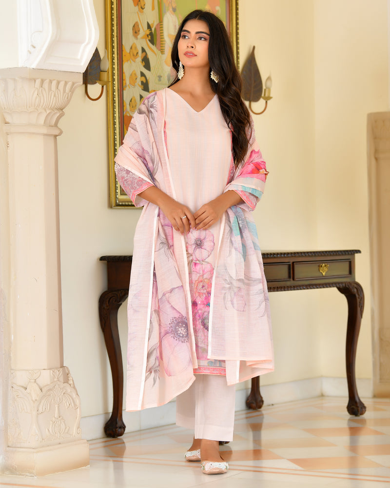 (Vaasva) Women pink linen kurta with cotton pant & dupatta (Set of 5pc)