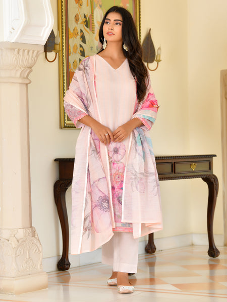 (Vaasva) Women pink linen kurta with cotton pant & dupatta (Set of 5pc)