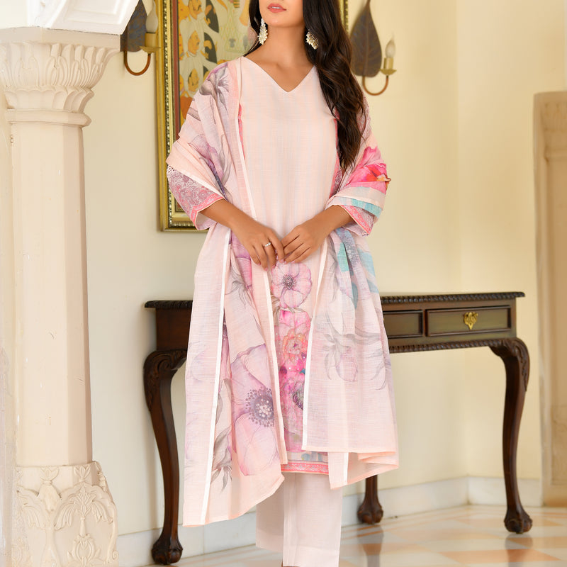 (Vaasva) Women pink linen kurta with cotton pant & dupatta (Set of 5pc)