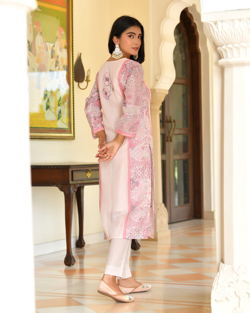 (Vaasva) Women pink linen kurta with cotton pant & dupatta (Set of 5pc)