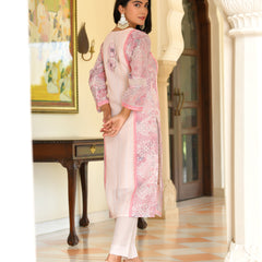 (Vaasva) Women pink linen kurta with cotton pant & dupatta (Set of 5pc)