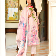 (Vaasva) Women pink linen kurta with cotton pant & dupatta (Set of 5pc)