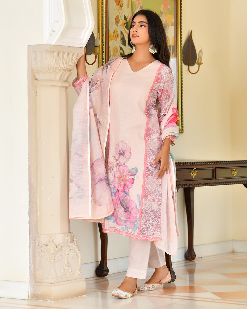 (Vaasva) Women pink linen kurta with cotton pant & dupatta (Set of 5pc)
