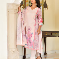 (Vaasva) Women pink linen kurta with cotton pant & dupatta (Set of 5pc)