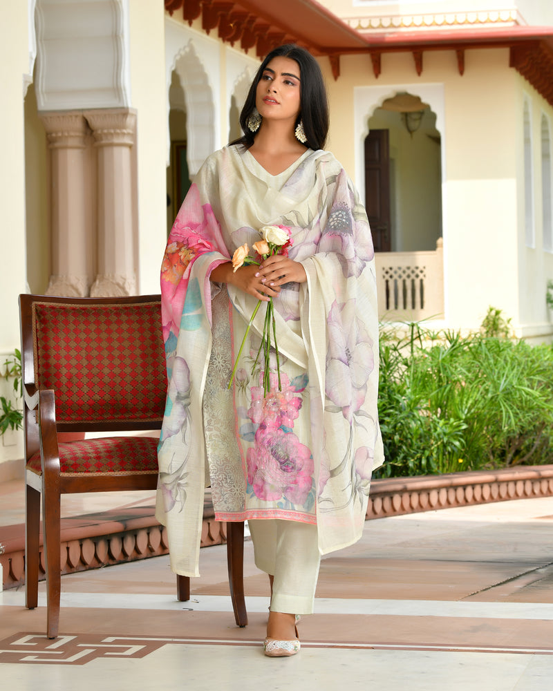 (Vaasva) Women pink linen kurta with cotton pant & dupatta (Set of 5pc)