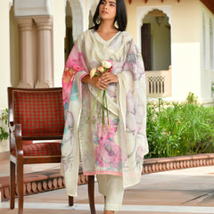 (Vaasva) Women pink linen kurta with cotton pant & dupatta (Set of 5pc)