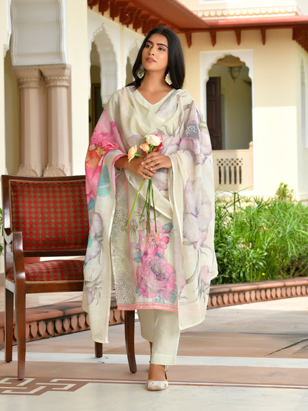 (Vaasva) Women pink linen kurta with cotton pant & dupatta (Set of 5pc)